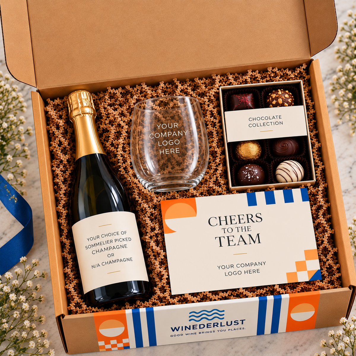 Winederlust kraft corporate gift box with sparkling wine, etched company glass, chocolate collection and Cheers to the Team card