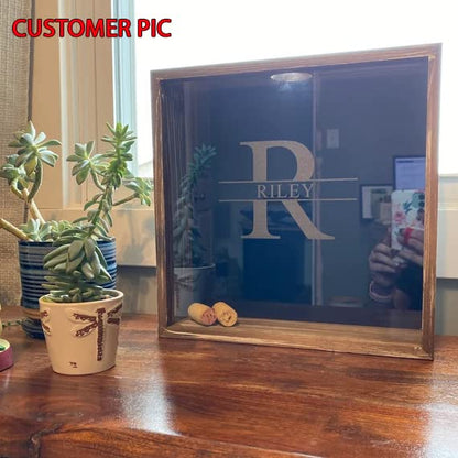 Personalized Wine Cork Shadow Box, Wine Cork Display, Wine Cork Holder, Storage, Custom Engraved, Wedding Gift, Gift for Her, Wife, Mom, Wall Mounted or Free Standing (Distressed Wood)