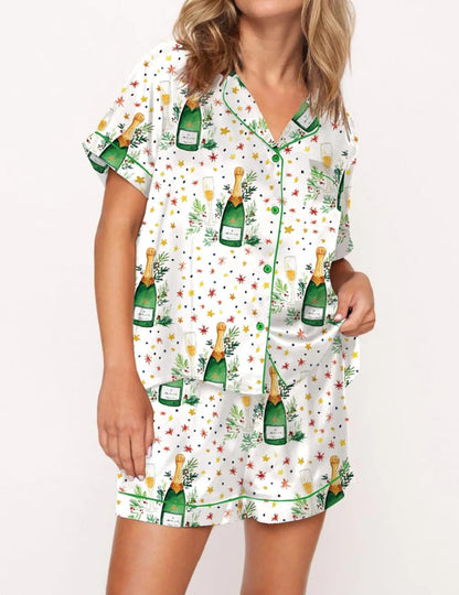 Juakoso Women Champagne Bottle Pajamas Sets Wine Can Print Pjs Sets Silk Satin 2 Piece Sets Short Sleeve Shirts Shorts Sets