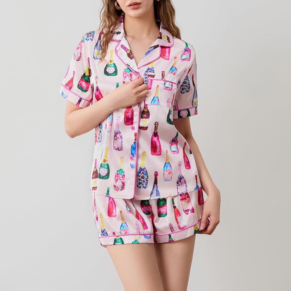 Juakoso Women Champagne Bottle Pajamas Sets Wine Can Print Pjs Sets Silk Satin 2 Piece Sets Short Sleeve Shirts Shorts Sets