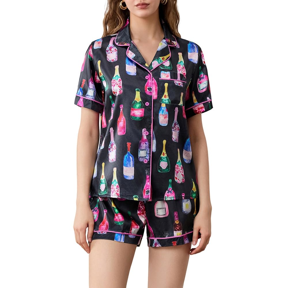 Juakoso Women Champagne Bottle Pajamas Sets Wine Can Print Pjs Sets Silk Satin 2 Piece Sets Short Sleeve Shirts Shorts Sets