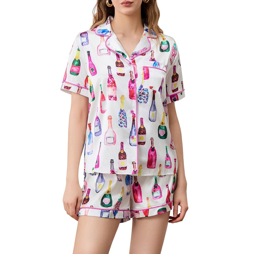 Juakoso Women Champagne Bottle Pajamas Sets Wine Can Print Pjs Sets Silk Satin 2 Piece Sets Short Sleeve Shirts Shorts Sets