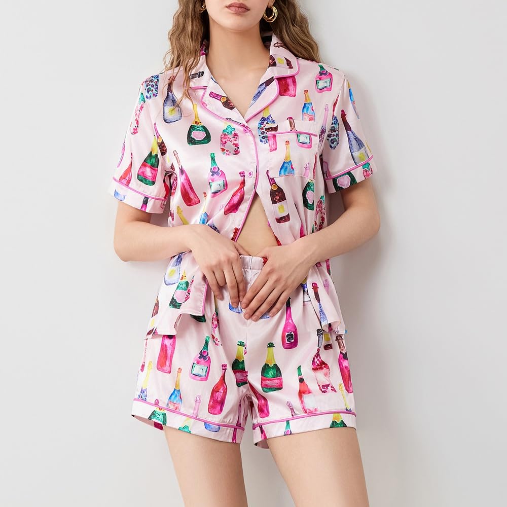 Juakoso Women Champagne Bottle Pajamas Sets Wine Can Print Pjs Sets Silk Satin 2 Piece Sets Short Sleeve Shirts Shorts Sets