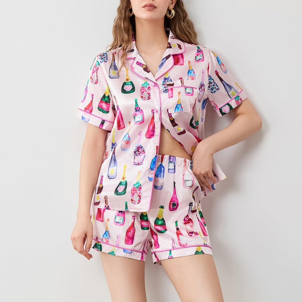 Juakoso Women Champagne Bottle Pajamas Sets Wine Can Print Pjs Sets Silk Satin 2 Piece Sets Short Sleeve Shirts Shorts Sets