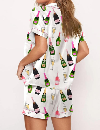 Juakoso Women Champagne Bottle Pajamas Sets Wine Can Print Pjs Sets Silk Satin 2 Piece Sets Short Sleeve Shirts Shorts Sets