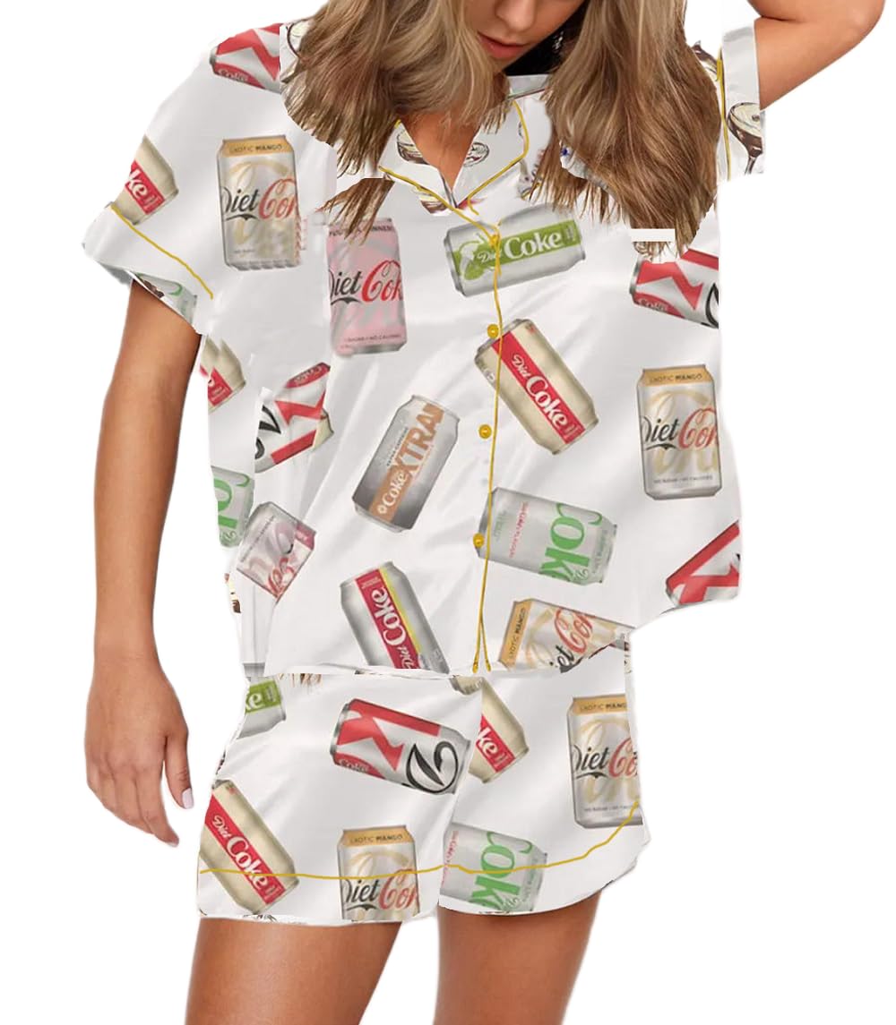 Juakoso Women Champagne Bottle Pajamas Sets Wine Can Print Pjs Sets Silk Satin 2 Piece Sets Short Sleeve Shirts Shorts Sets