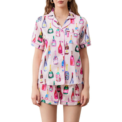 Juakoso Women Champagne Bottle Pajamas Sets Wine Can Print Pjs Sets Silk Satin 2 Piece Sets Short Sleeve Shirts Shorts Sets