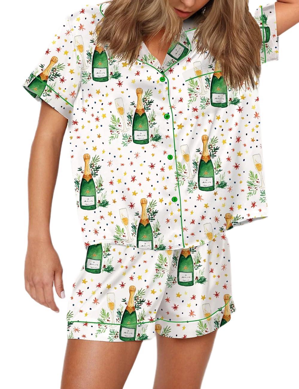 Juakoso Women Champagne Bottle Pajamas Sets Wine Can Print Pjs Sets Silk Satin 2 Piece Sets Short Sleeve Shirts Shorts Sets