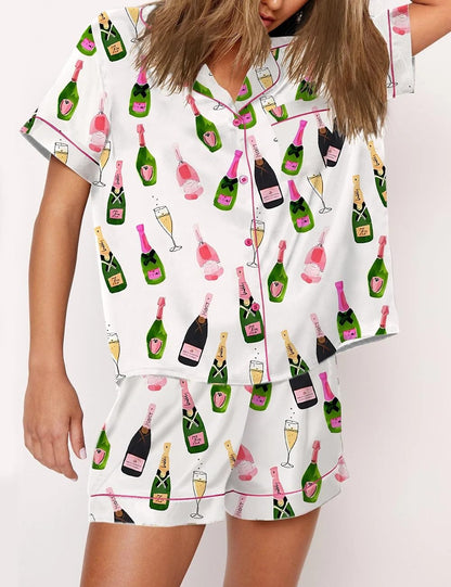 Juakoso Women Champagne Bottle Pajamas Sets Wine Can Print Pjs Sets Silk Satin 2 Piece Sets Short Sleeve Shirts Shorts Sets