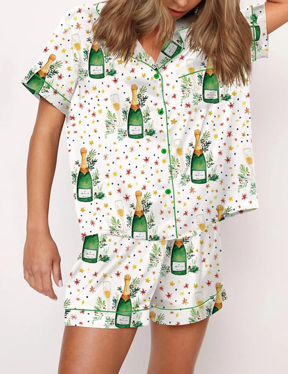 Juakoso Women Champagne Bottle Pajamas Sets Wine Can Print Pjs Sets Silk Satin 2 Piece Sets Short Sleeve Shirts Shorts Sets