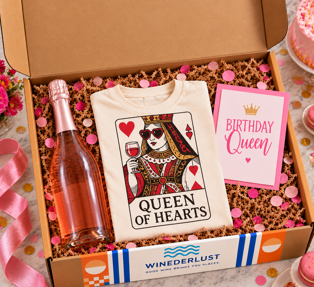 Birthday Queen box with blank-label sparkling rosé, Queen of Hearts shirt, birthday card and pink confetti