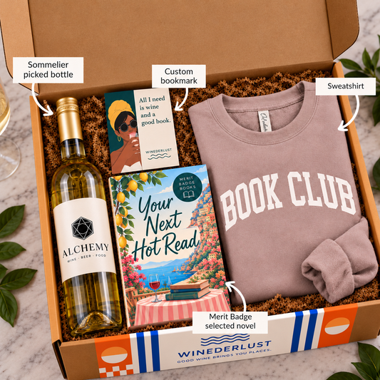 Boozy Book Club open box with wine, novel, bookmark and sweatshirt in updated kraft packaging
