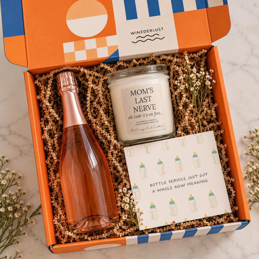 The Motherlode gift box with rosé, Mom's Last Nerve candle, and greeting card